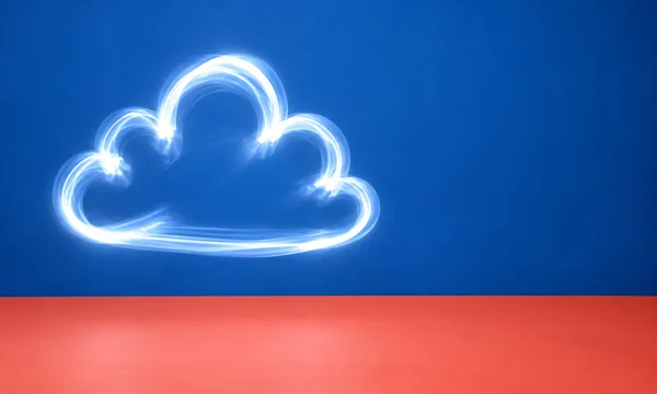 A luminous cool-white cloud shape with overlapping light trails appears against a cobalt-blue backdrop above a coral lower band, leaving open space on the…