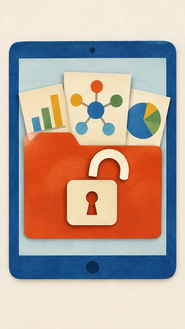 A cobalt-blue tablet on a warm ivory background displays a red-orange folder with a cream open-padlock symbol and three research sheets showing a node diagram…