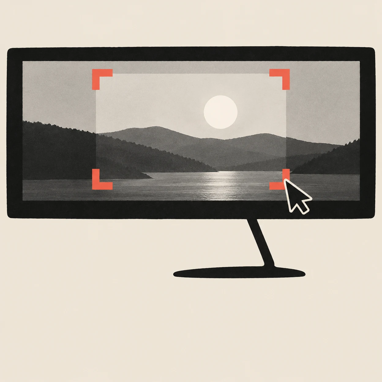 A wide black desktop monitor on a thin, bent off-center stand displays a monochrome lake-and-hills landscape with a round sun, four coral crop corners and a…