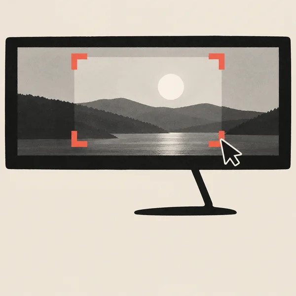 A wide black desktop monitor on a thin, bent off-center stand displays a monochrome lake-and-hills landscape with a round sun, four coral crop corners and a…