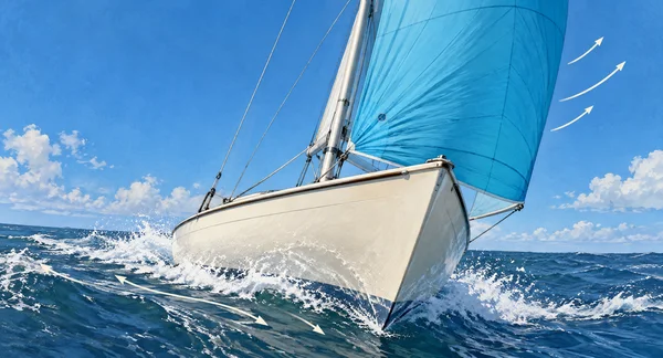 A large cream-hulled sailing dinghy cuts through choppy blue water beneath a bright cyan sail, with white spray around the hull and pale arrows drawn beside…