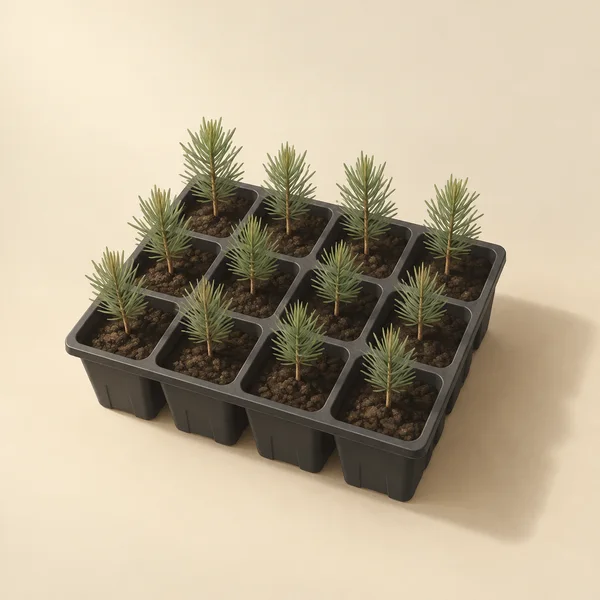 A charcoal-black molded seedling tray sits on a warm cream surface, viewed from above at an angle.