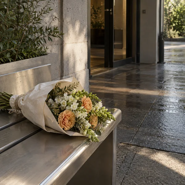 A paper-wrapped bouquet of white and apricot flowers rests diagonally on a brushed-metal bench beside a recessed entrance, with wet paving and greenery nearby.