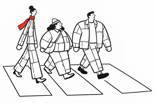 Three stylized people walk to the right across large outlined crosswalk stripes on a white background.