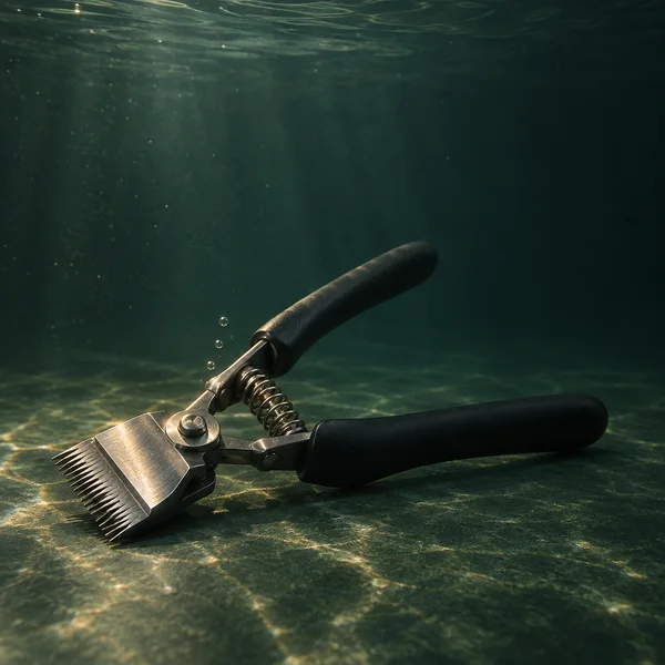 A manual hair clipper with a brushed-metal cutting head, exposed spring and two black handles rests diagonally on a green tank floor underwater.