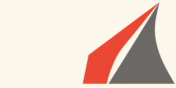 Two large angular panels, one vermilion and one graphite grey, form a tall pointed abstract shape on a warm ivory background.