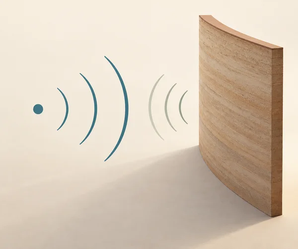 A teal point at left emits three curved blue-green wavefronts toward a tall, curved sand-colored earthen wall on the right; three pale sage arcs appear between…