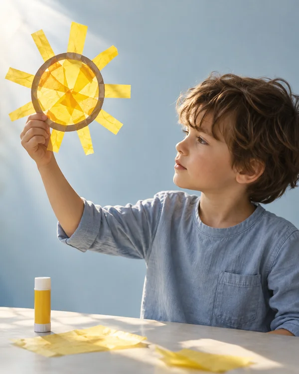 A child in a washed-blue shirt studies a handmade yellow tissue-paper sun held up in one hand above a pale work surface, with a glue stick and tissue scraps on…