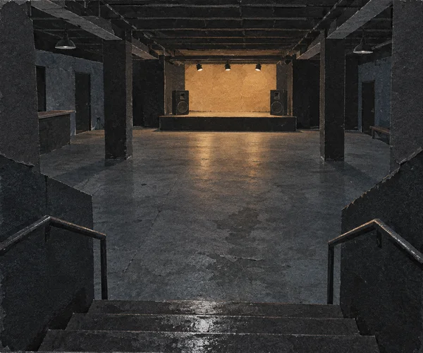 View down damp concrete entrance steps into an empty, dark concert venue, with exposed ceiling beams, a low stage, two speakers, and warm amber light.