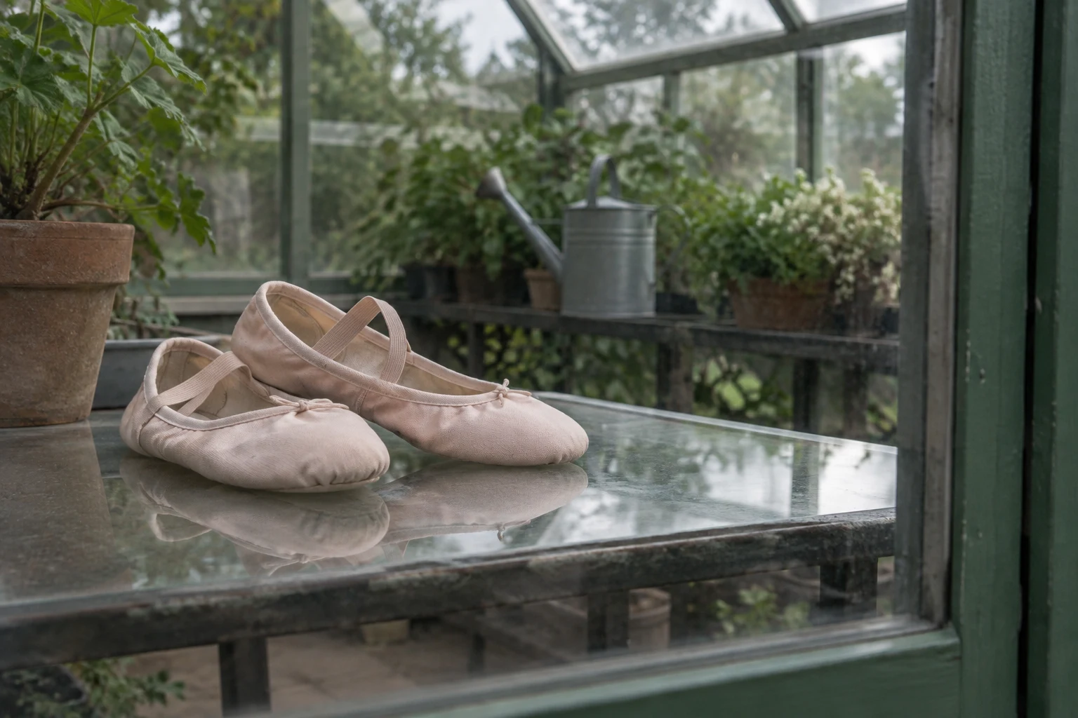 A pair of blush-pink canvas ballet slippers rests on a reflective glass-topped table inside a greenhouse, with potted plants and a metal watering can behind…