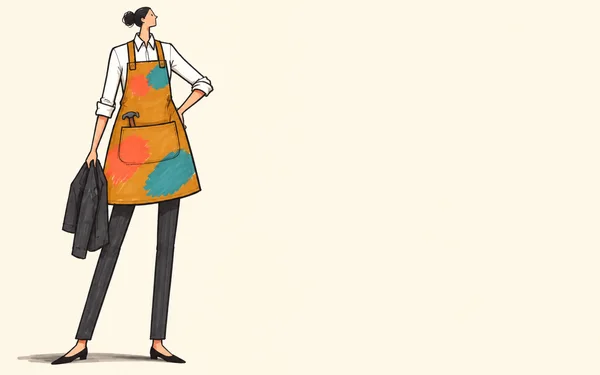 A tall, stylized woman stands on a warm cream background wearing a white shirt, charcoal trousers, and a broad ochre apron with coral and teal marks.