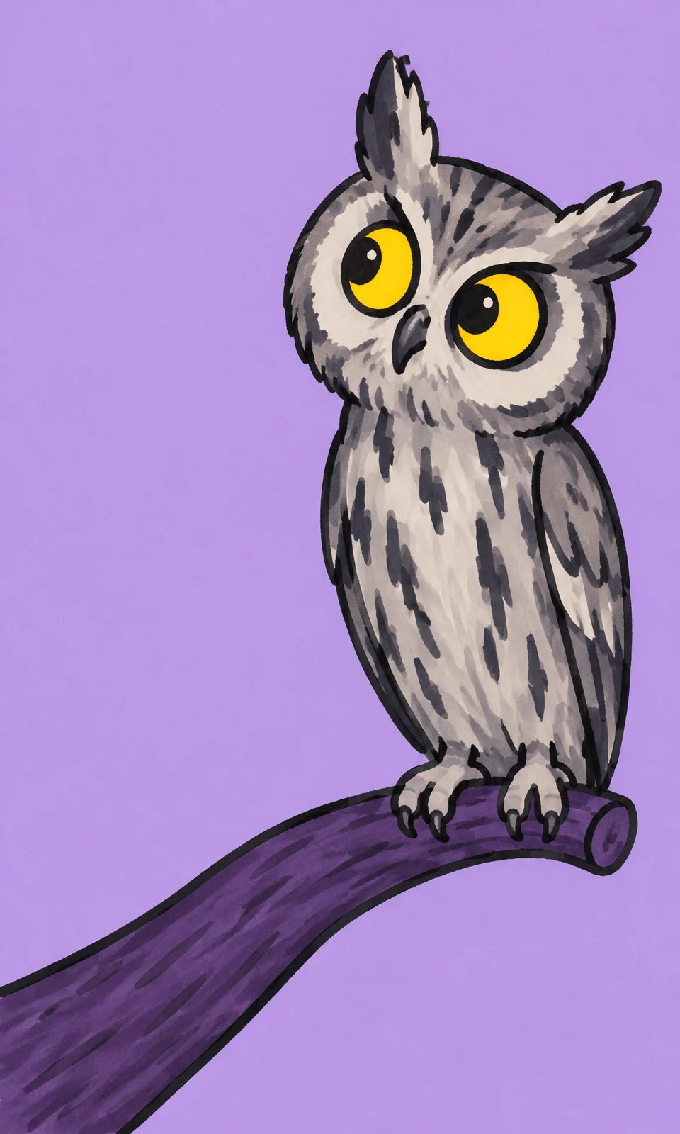 A gray owl with oversized yellow eyes and uneven pointed ear tufts perches on a curved dark-violet branch against a lilac background, with open space to the…