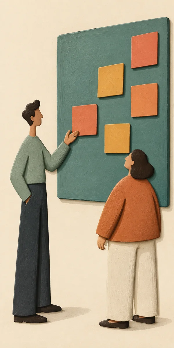 A tall colleague gestures toward a coral card on a large muted teal board while a shorter colleague in a broad rust-colored jacket listens.