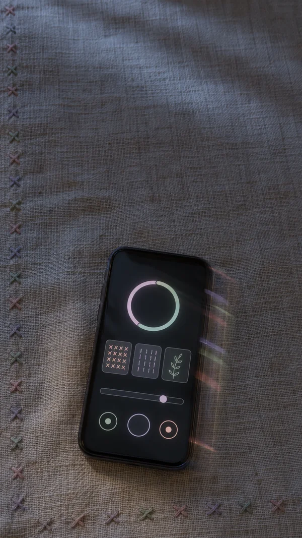 An unbranded black smartphone rests at an angle on dark woven linen, with colorful X-shaped stitches along the left and bottom edges.