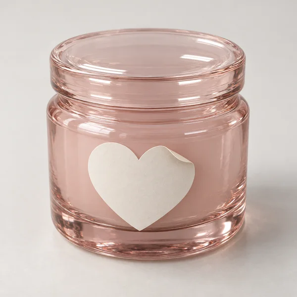 A squat blush-tinted glass jar with a fitted glass lid sits on a pale warm-gray surface.