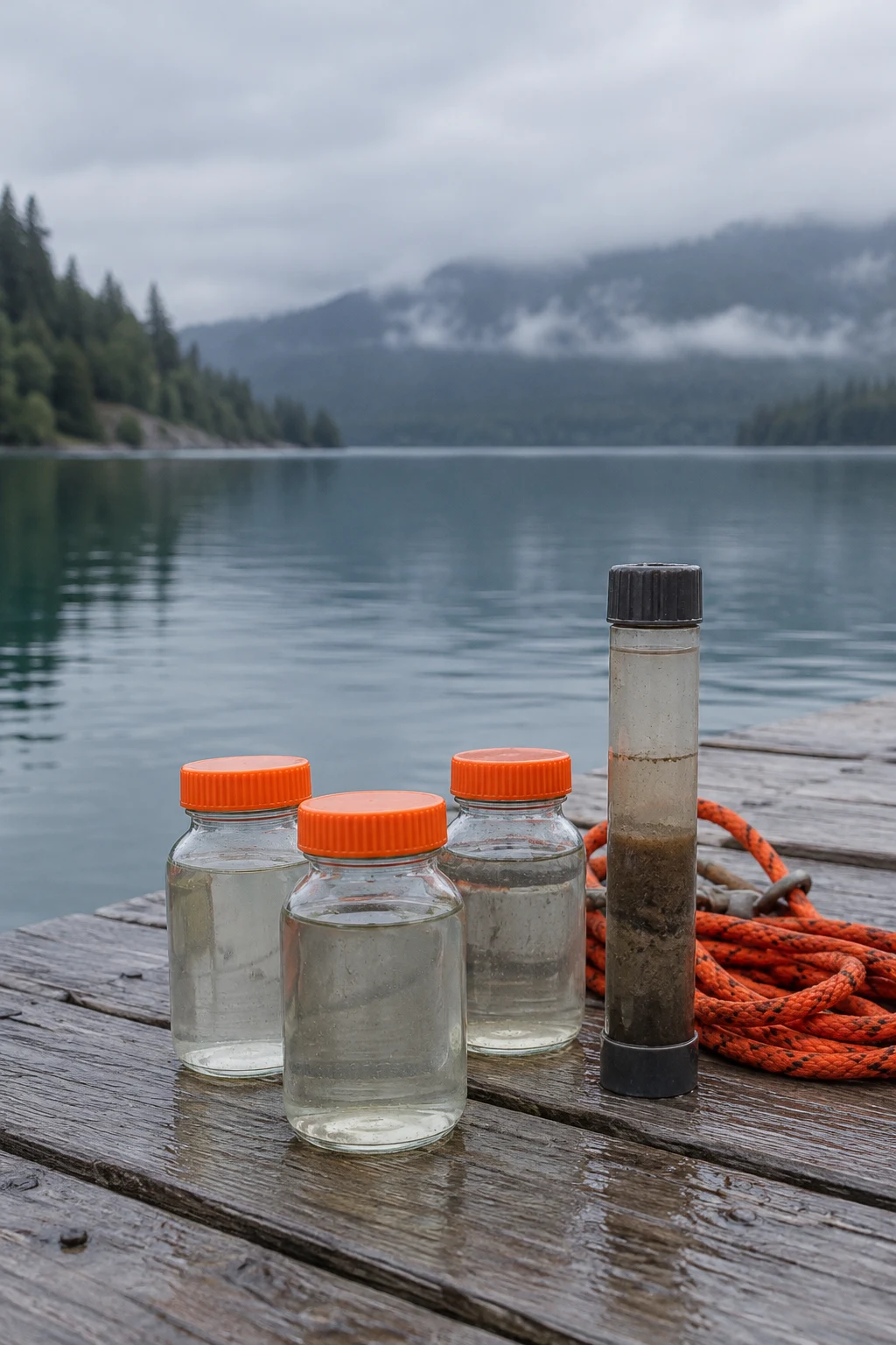 Three clear sample jars with orange screw caps, a sediment core tube containing layered brown silt, and a coiled orange rope rest on weathered grey jetty…