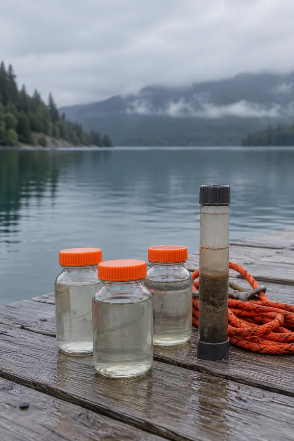 Three clear sample jars with orange screw caps, a sediment core tube containing layered brown silt, and a coiled orange rope rest on weathered grey jetty…