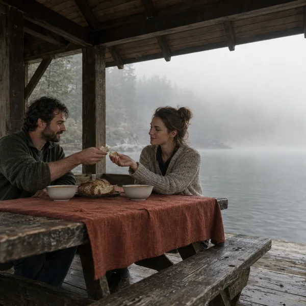 Two adults sit at a wooden picnic table beneath a dark timber shelter, exchanging pieces of bread above two soup bowls and a shared loaf on a rust-red cloth; a…