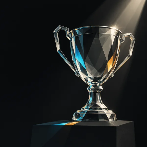 A large faceted glass championship cup with two angular handles stands on a charcoal plinth against a near-black background, lit from the upper right with cyan…