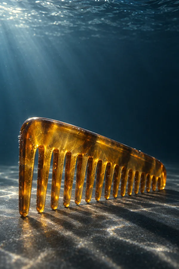 A translucent amber wide-tooth comb stands on its teeth on a dark underwater floor, with bubbles clinging to its surface and shafts of light filtering through…