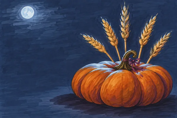 A wide burnt-orange pumpkin with a curled stem and plum-coloured bow sits beneath five fanning golden wheat stalks against a textured midnight-blue background…