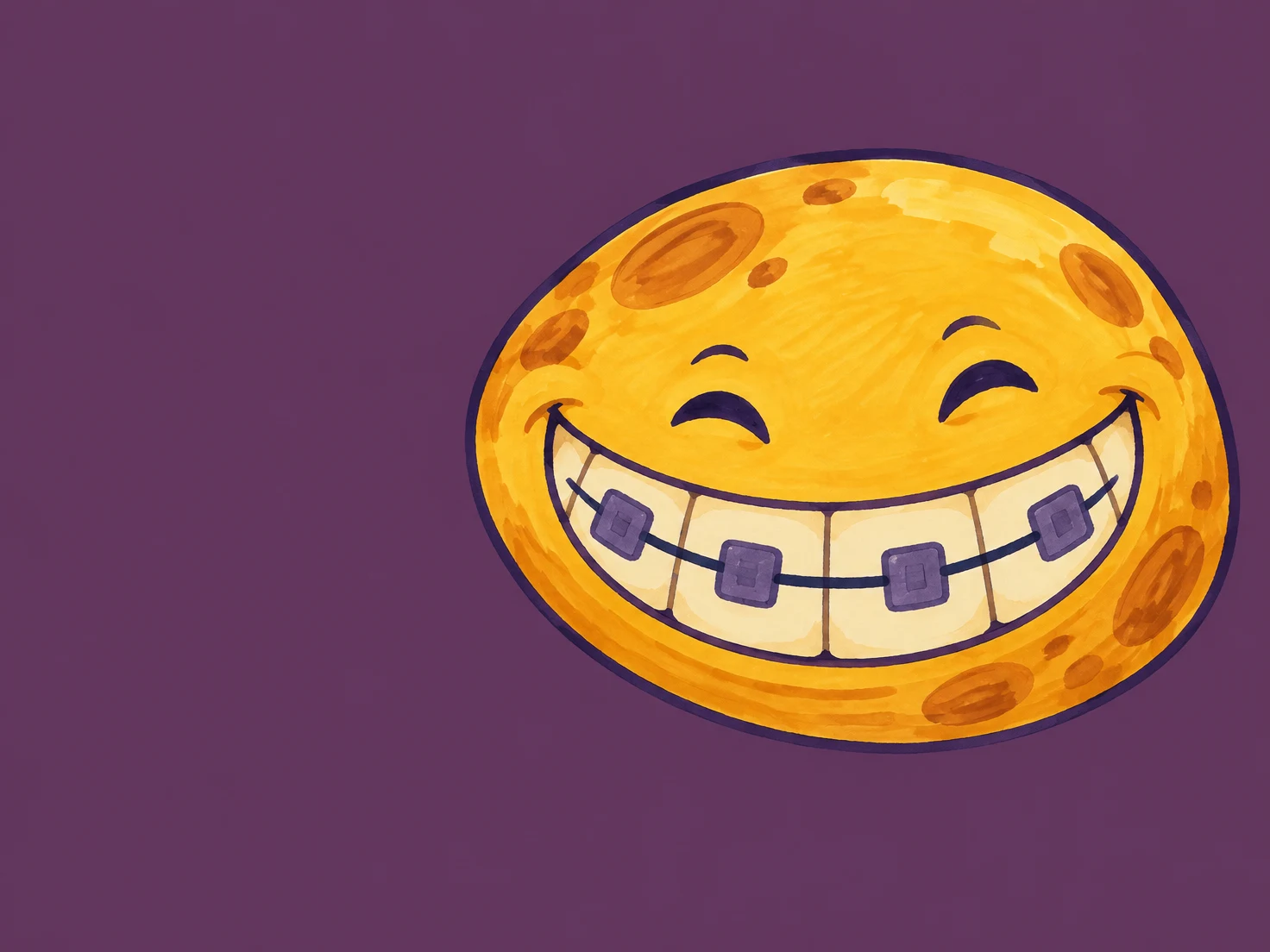 A broad golden-orange moon with closed crescent-shaped eyes and a large grin wears four purple braces connected by a curved dark wire.
