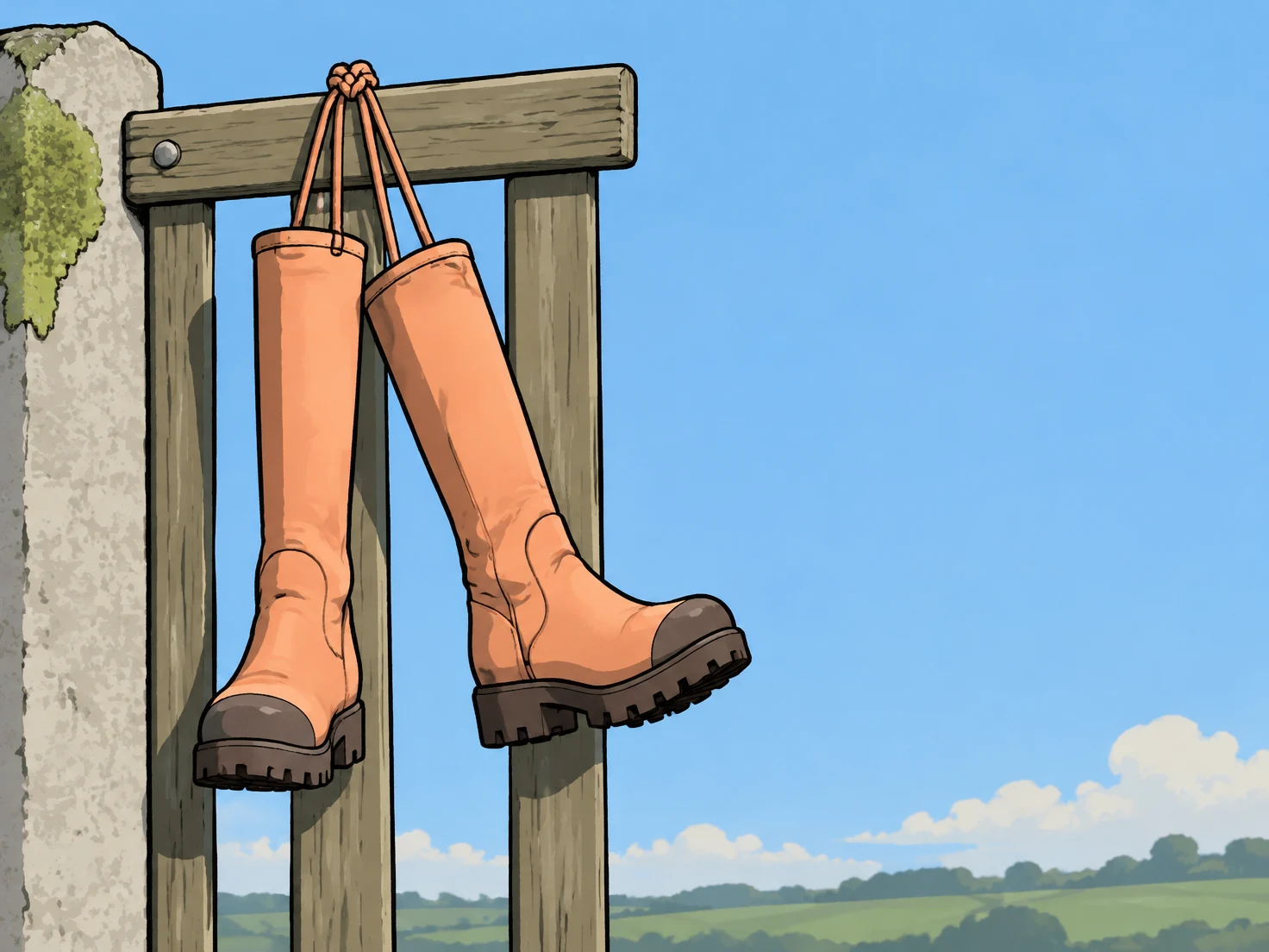 A pair of peach work boots hangs by its laces from a wooden garden gate, beside a cropped pale stone gatepost with green growth.