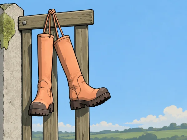 A pair of peach work boots hangs by its laces from a wooden garden gate, beside a cropped pale stone gatepost with green growth.