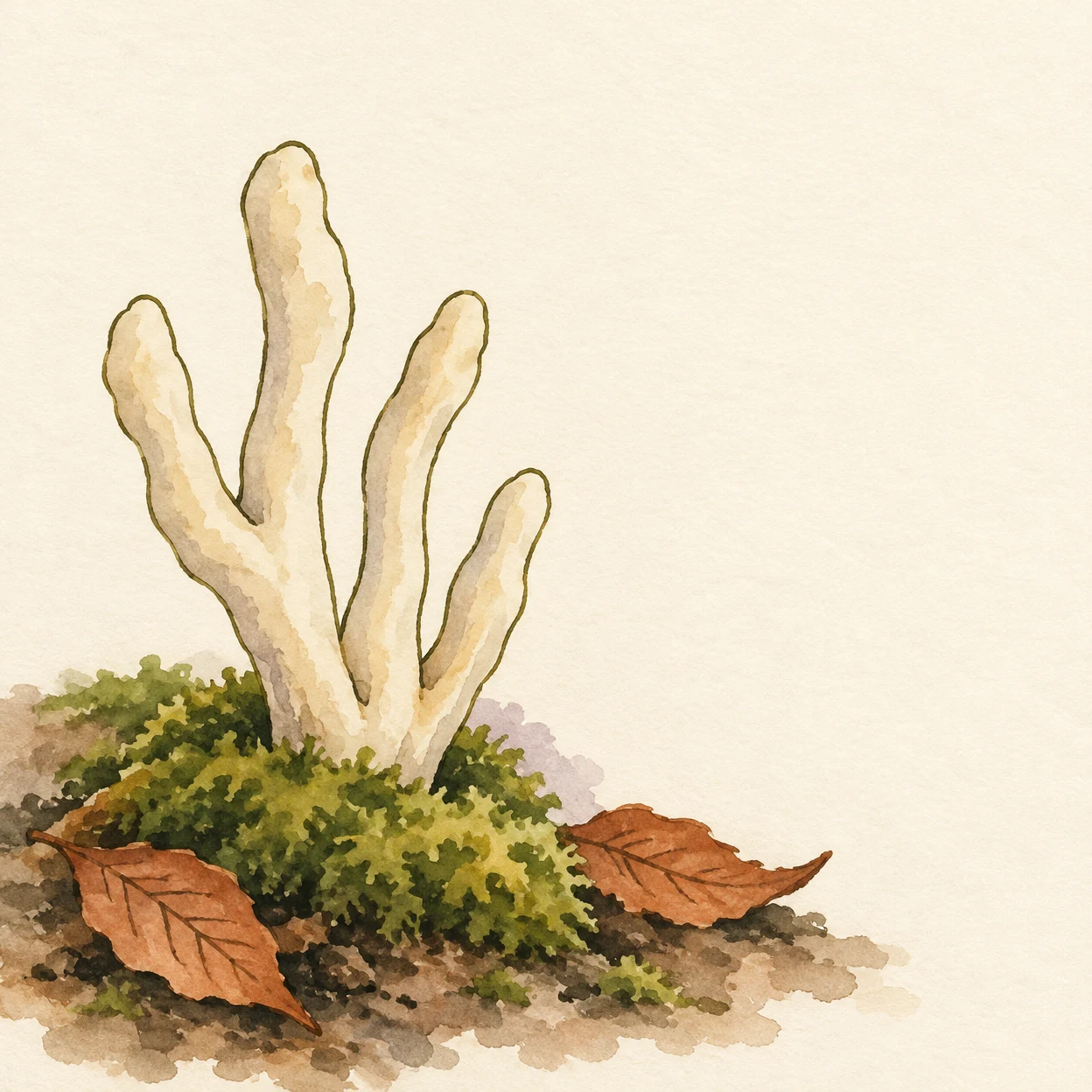 An ivory, four-fingered coral fungus rises from a broad olive-green moss mound on cream paper, with two rust-coloured leaves and a textured wash of brown soil…