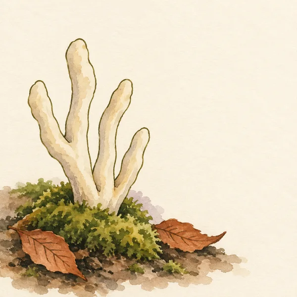 An ivory, four-fingered coral fungus rises from a broad olive-green moss mound on cream paper, with two rust-coloured leaves and a textured wash of brown soil…