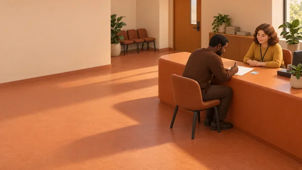 A seated man fills out a ruled sheet with a pen at a burnt-orange service counter while a clerk in a mustard top watches.
