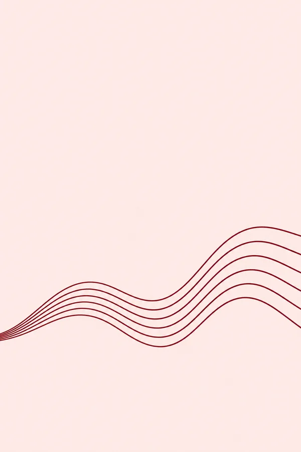 Seven smooth dark oxblood curves enter together from the lower-left edge, undulate across the lower portion of a pale blush portrait canvas, and spread apart…