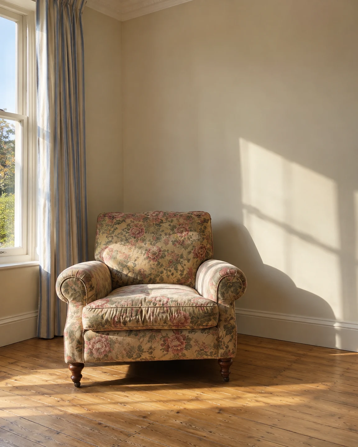 A faded floral armchair sits beside a tall sash window and blue-striped curtain in a quiet cream-walled room, with afternoon sunlight and the chair’s shadow…