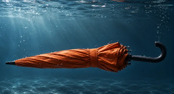 A tightly folded burnt-orange umbrella with a matching strap floats horizontally underwater, with its pointed tip to the left and black hook handle to the…