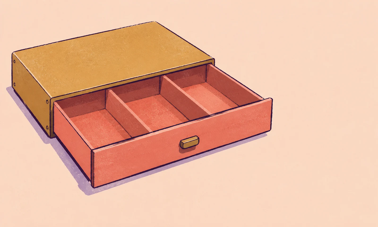 A wide coral cash drawer with three empty compartments and a small rounded pull projects from a squat ochre housing, illustrated at an elevated three-quarter…