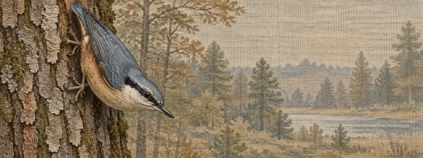 A blue-gray and buff nuthatch clings head-down to a textured woodland trunk on the left, against a warm flax-colored woven background with faint tree shapes.