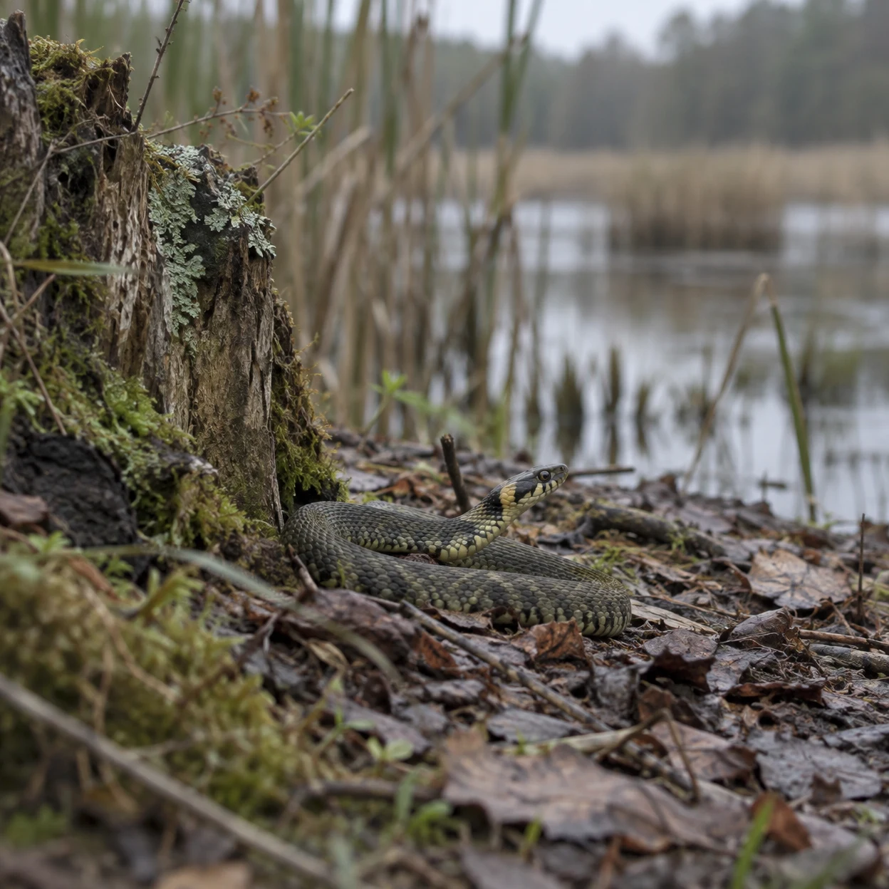 A wild olive-green snake with a pale yellow collar and dark markings rests in a loose coil on damp leaf litter beside a mossy, lichen-covered stump, with…