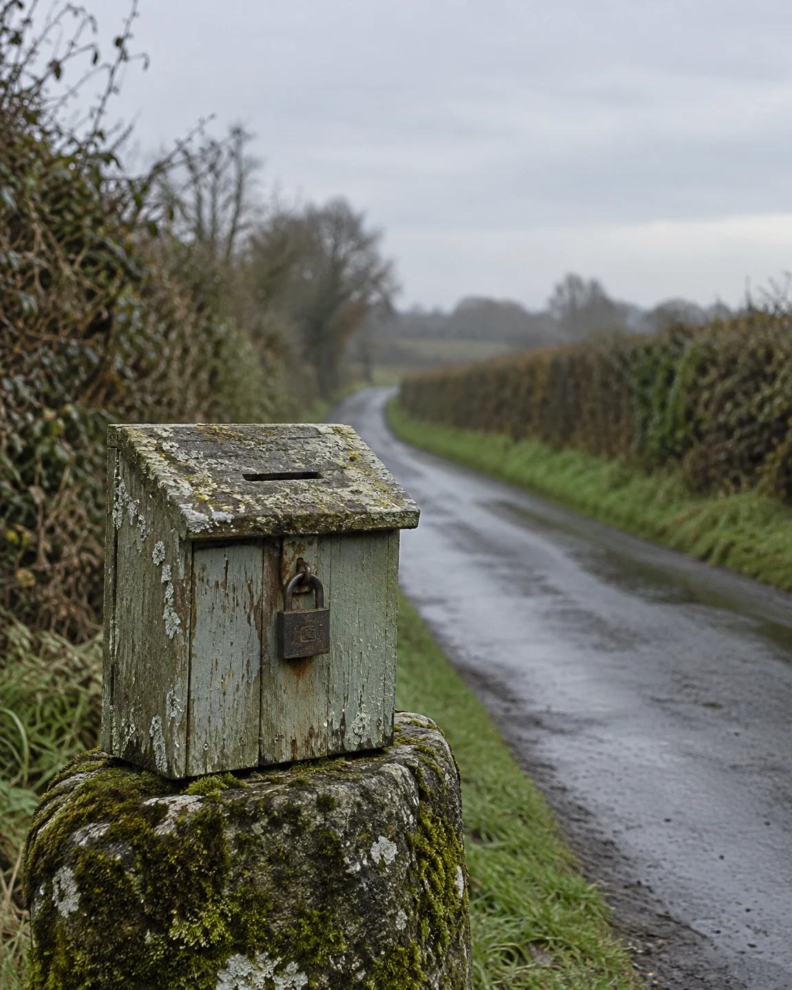 A weathered pale-green wooden box with a coin slot and rusted padlock sits on a lichen-covered stone post beside a wet country lane.