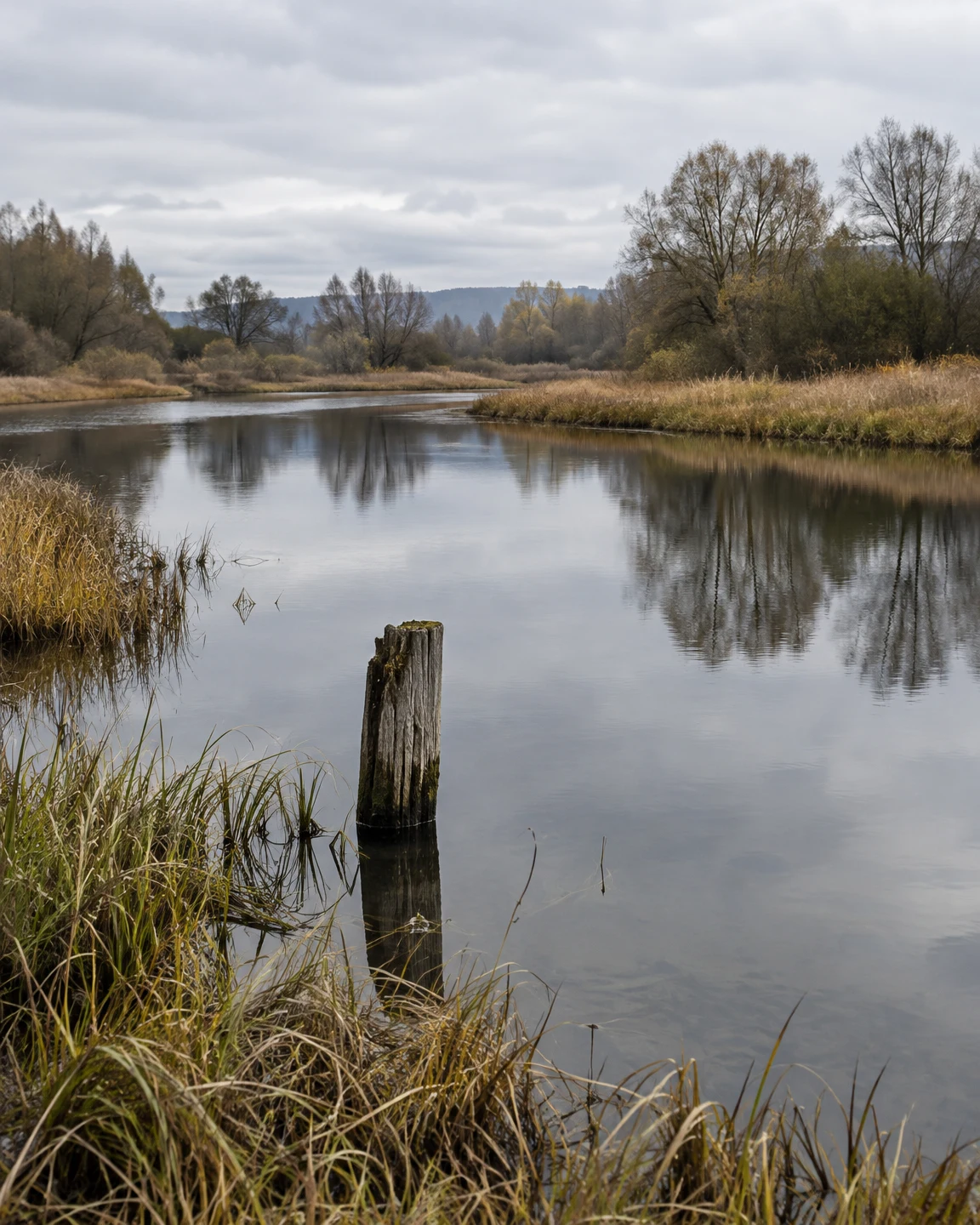 A weathered wooden post rises from the shallows of a calm, curving floodplain lake, with reeds along the banks and bare trees reflected in the water beneath an…