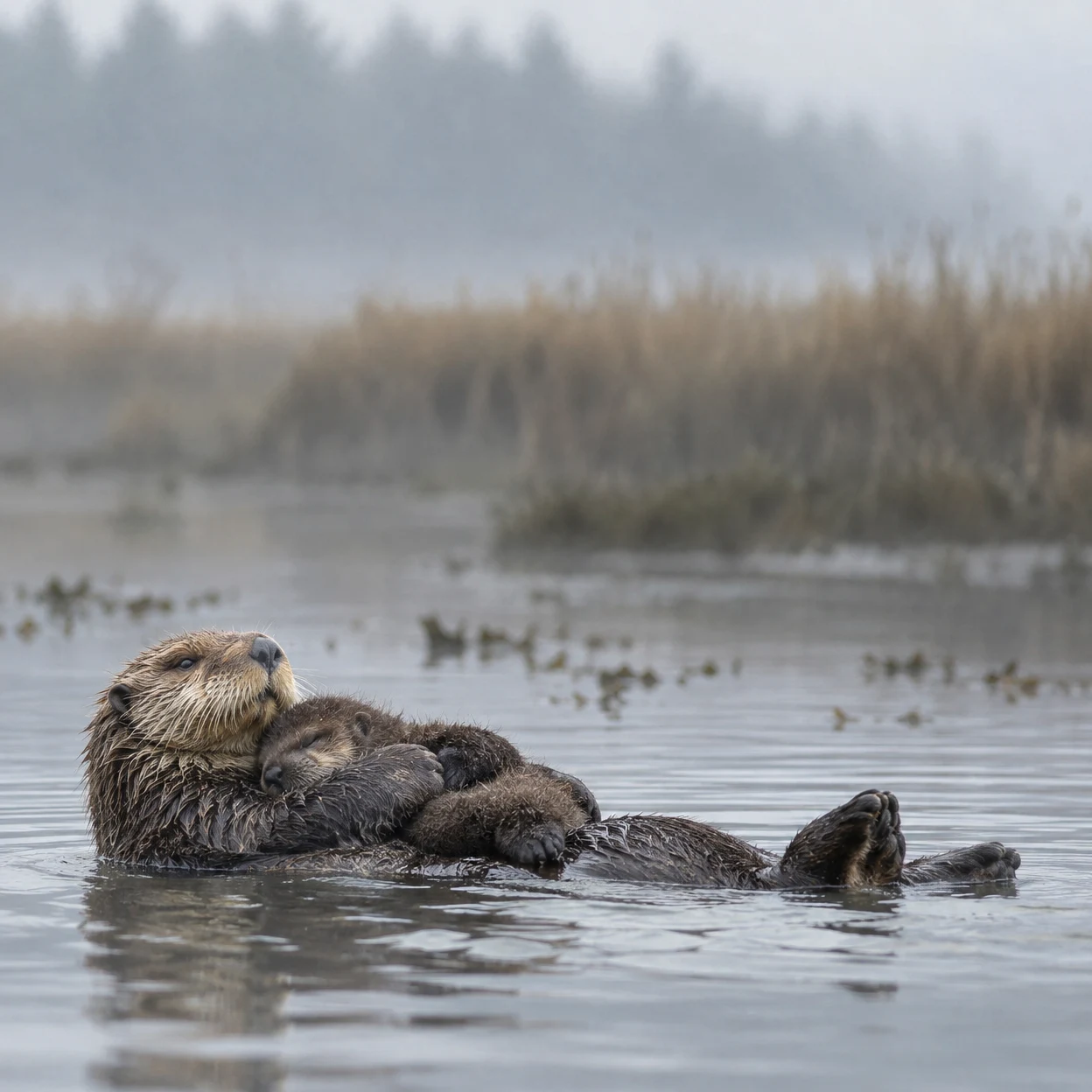 An adult river otter floats on its back in shallow grey water, holding a small pup against its chest, with soft ripples and a hazy reed-lined bank behind them.