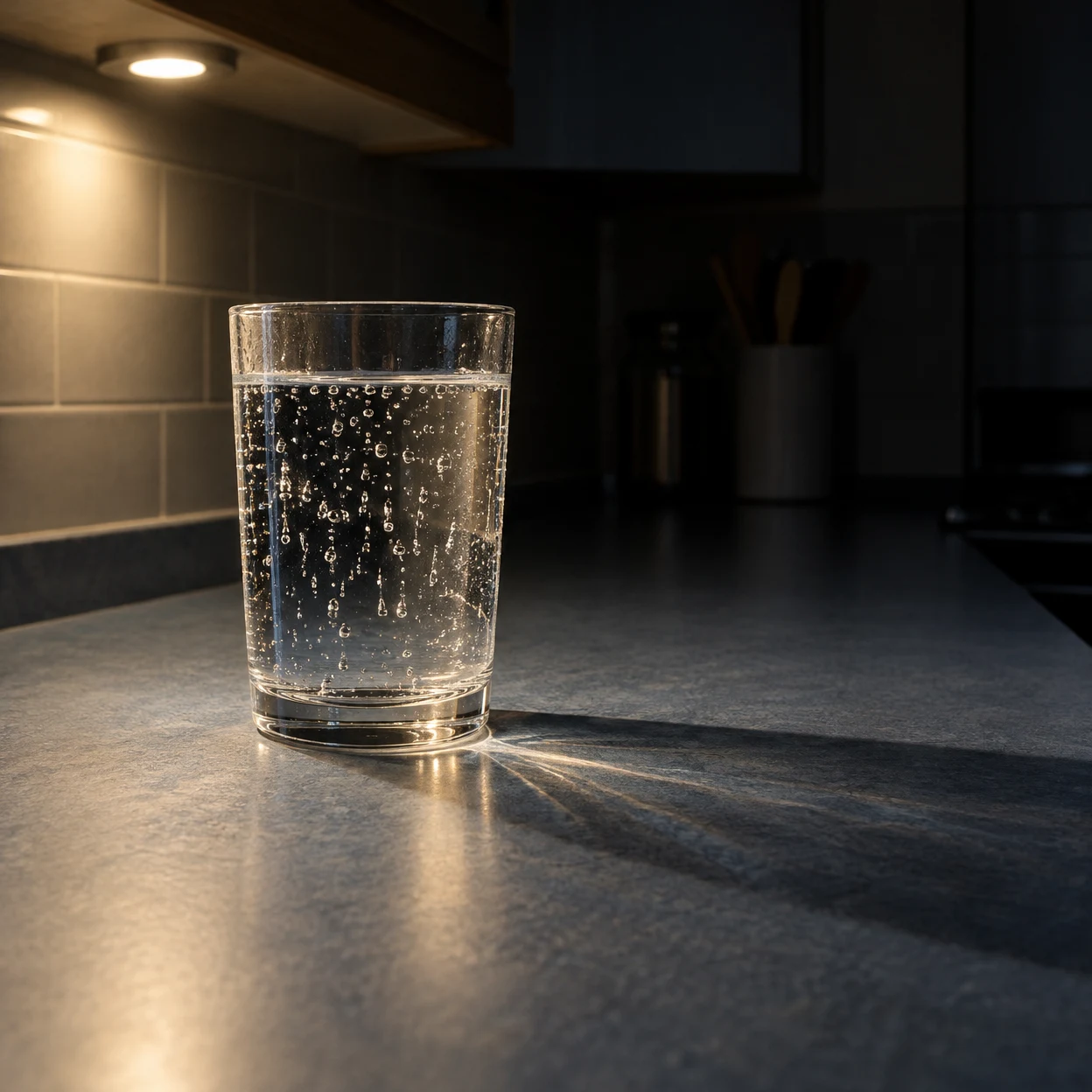 A clear tumbler of sparkling water with visible bubbles sits on a blue-gray kitchen counter, lit by a warm under-cabinet spotlight that casts a long shadow to…
