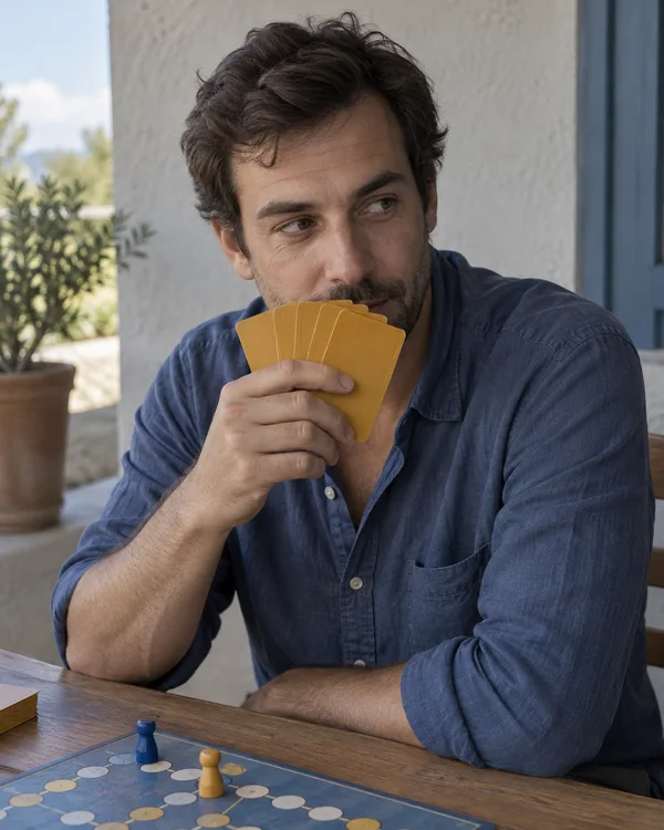A dark-haired man in a blue cotton shirt sits at a wooden porch table, holding a fan of mustard-colored cards near his mouth and glancing sideways.
