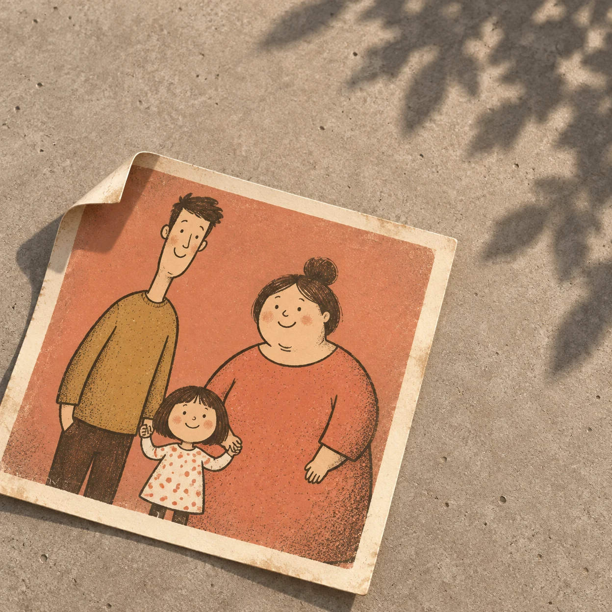 A diagonally placed ivory-bordered snapshot shows a tall, narrow adult, a rounded adult and a small child against a coral background, on textured warm-grey…