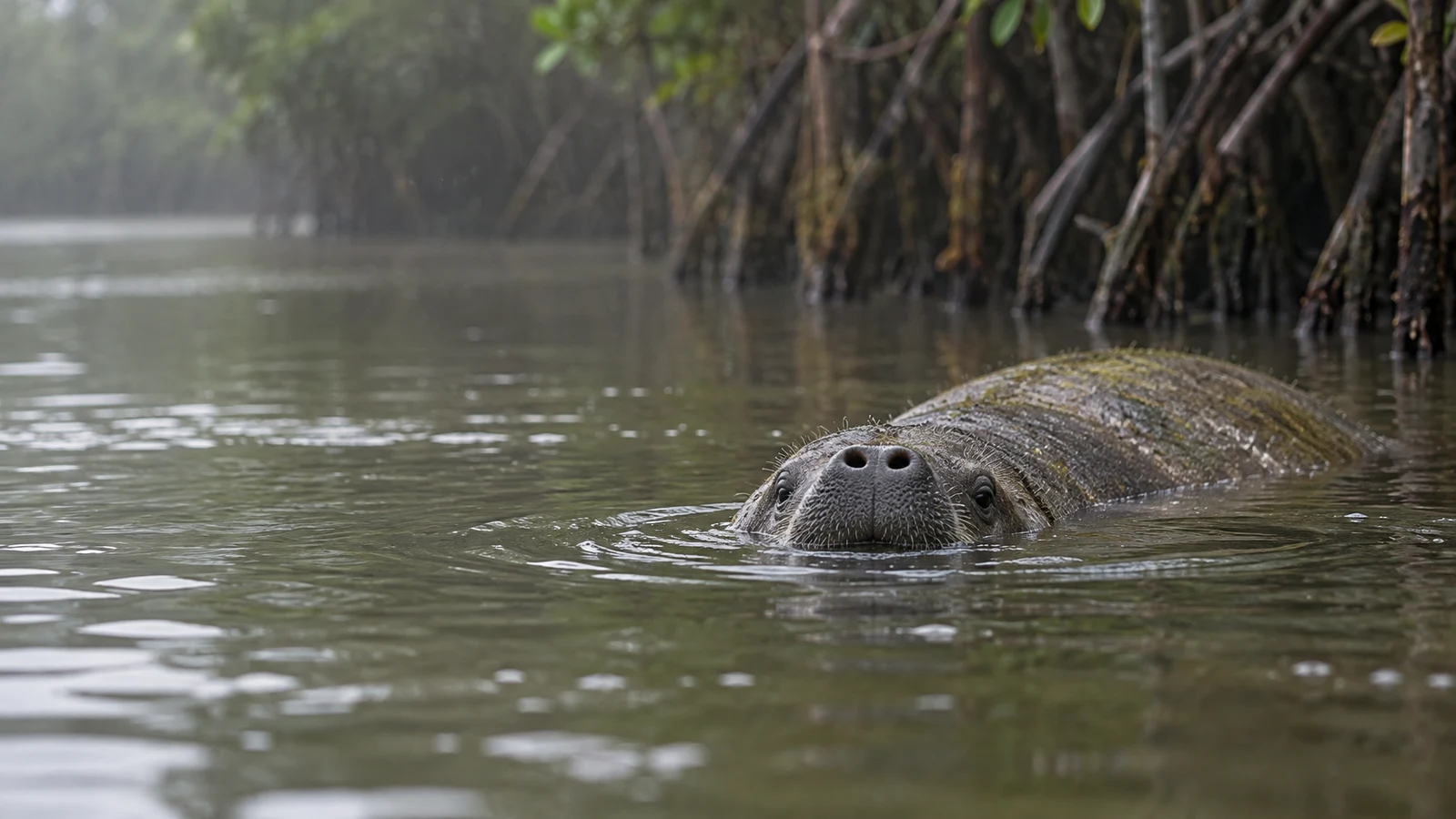 A grey manatee surfaces in murky green-brown water, with its nostrils, whiskered face and part of its rounded, mottled back above the surface.