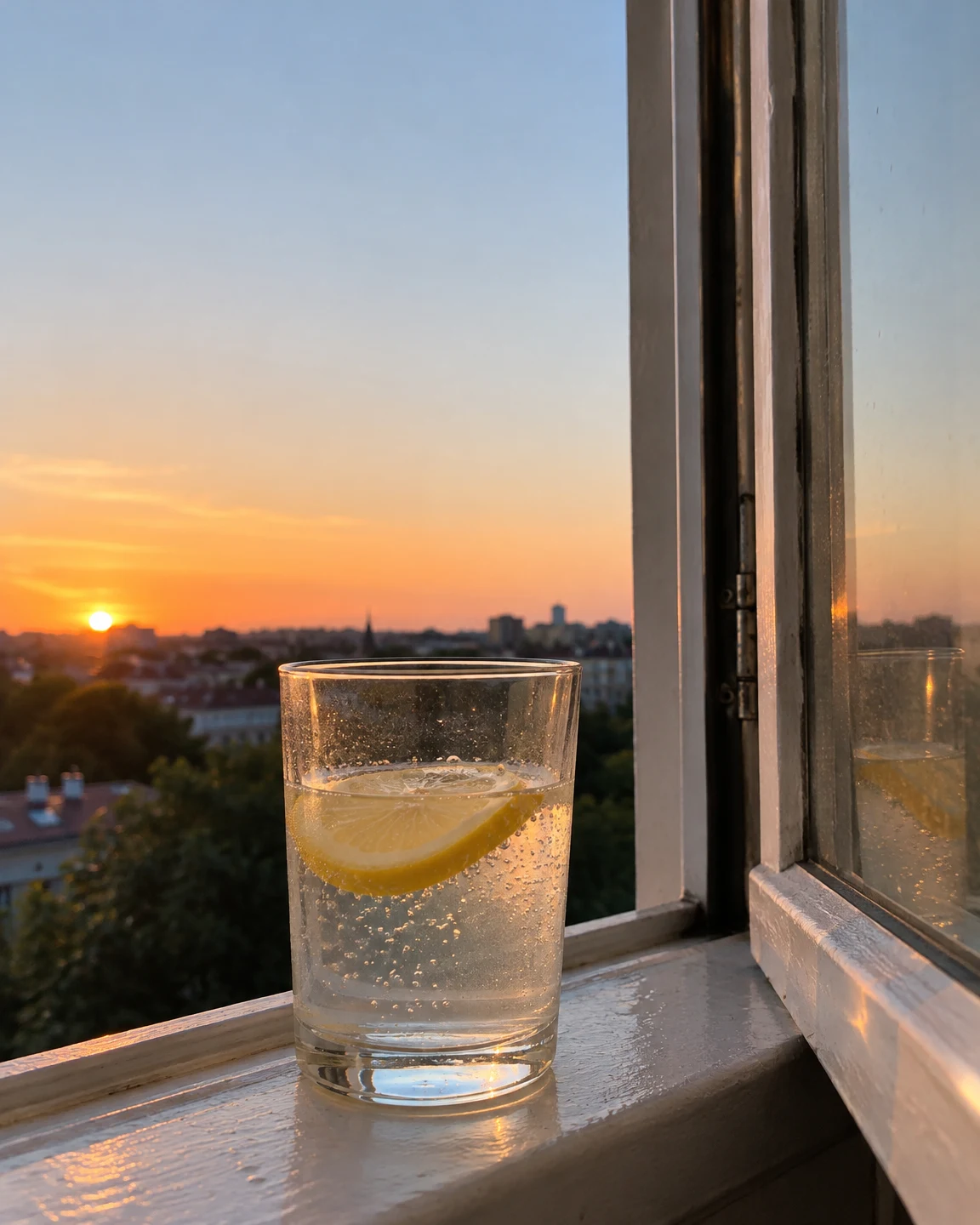 A clear tumbler of bubbly lemon drink with a floating lemon slice sits on a painted windowsill at sunset, reflected in the open windowpane against a city…