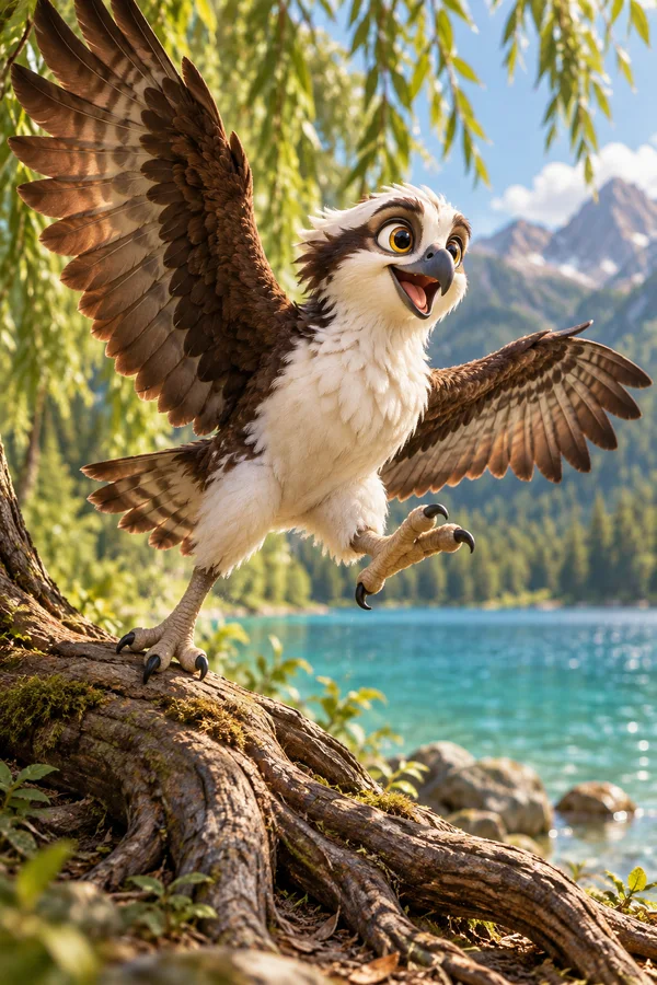 A cheerful anthropomorphic osprey balances with its wings spread above an exposed willow root beside a turquoise lake, one taloned foot planted and the other…