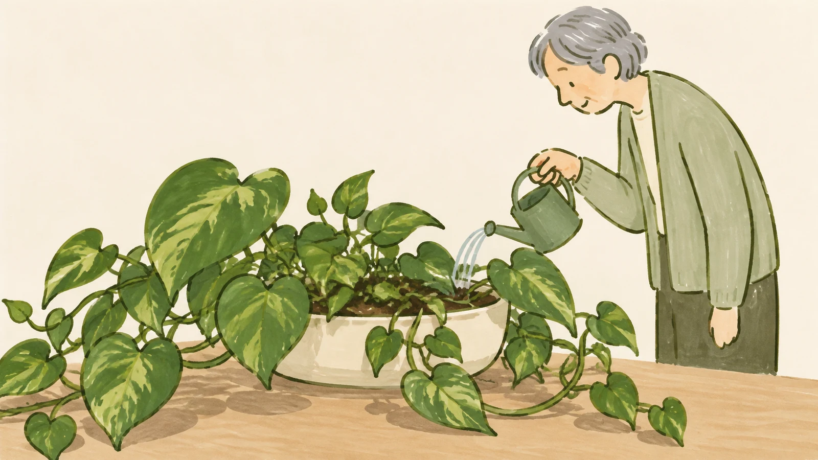 A large variegated pothos spills from a shallow white planter across a tabletop as a grey-haired older person in sage clothing tips a watering can toward the…
