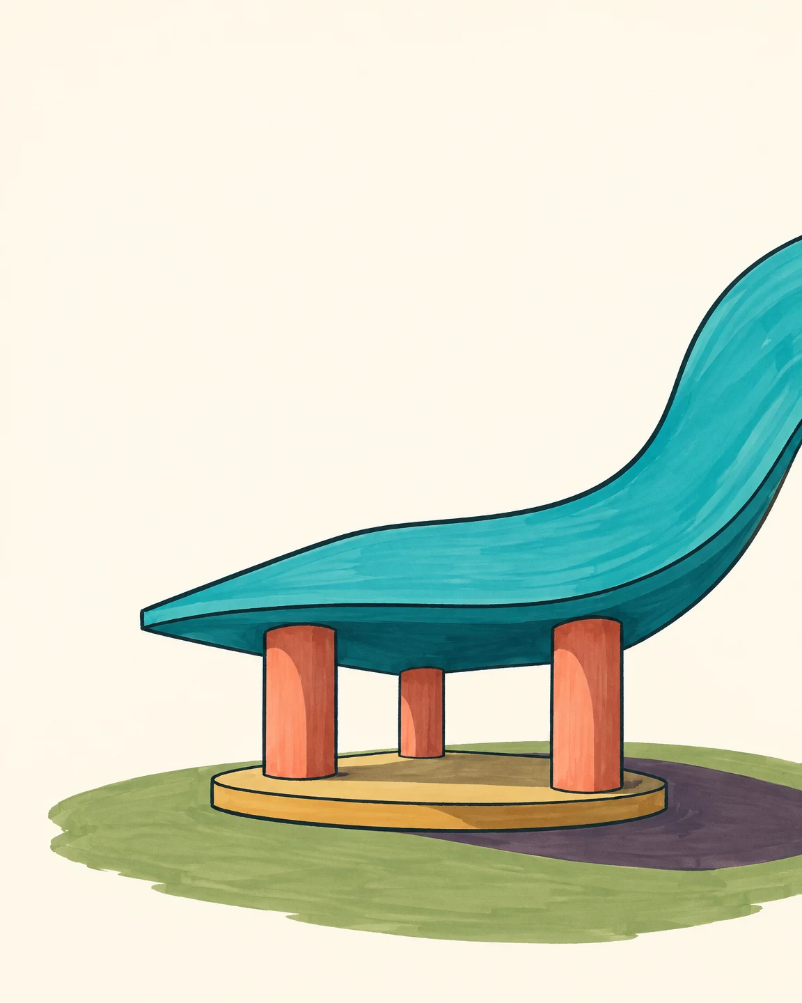 A hand-drawn pavilion with three coral posts on an ochre oval platform beneath an oversized turquoise roof that sweeps upward and off the right edge.