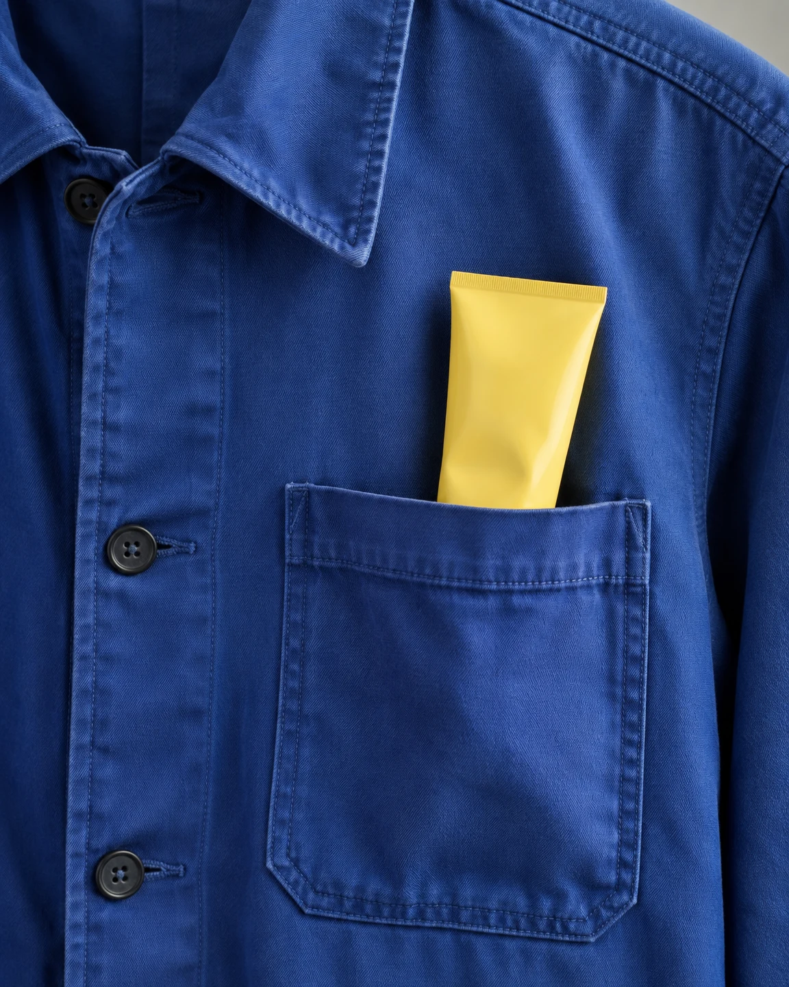 A plain yellow squeeze tube protrudes from the chest pocket of a cobalt-blue workwear jacket, shown in a close frontal crop with visible stitching, buttons and…