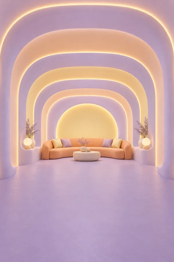 A peach crescent sofa sits beneath layered glowing arches in a lavender lounge, with a low round coffee table, side lamps, potted branches and pastel cushions.